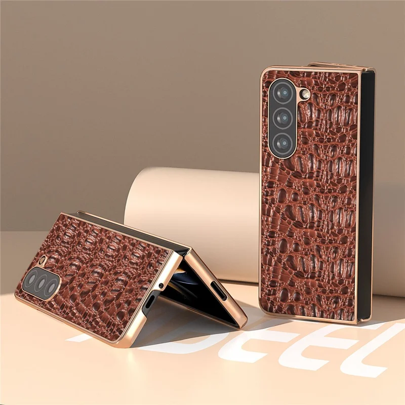 For Samsung Galaxy Z Fold5 5G Phone Case Genuine Cow Leather + PC Canopy Texture Electroplating Cover - Coffee