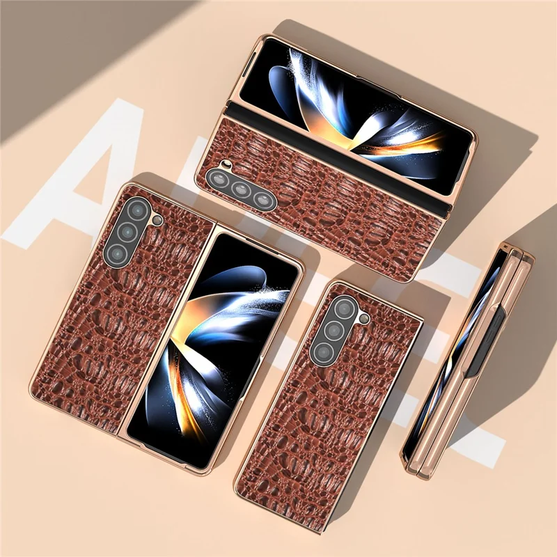 For Samsung Galaxy Z Fold5 5G Phone Case Genuine Cow Leather + PC Canopy Texture Electroplating Cover - Coffee