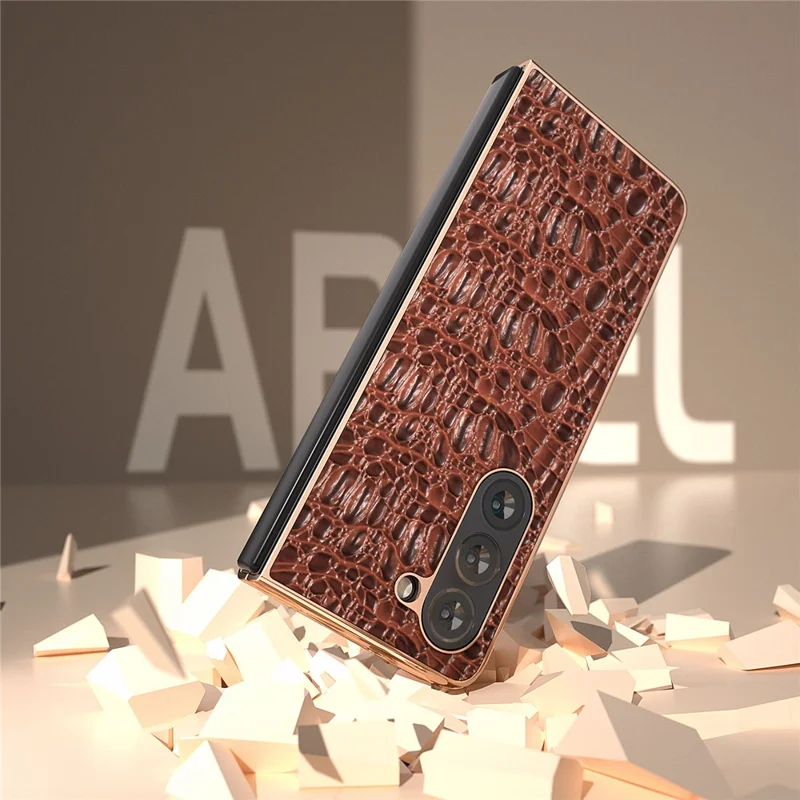 For Samsung Galaxy Z Fold5 5G Phone Case Genuine Cow Leather + PC Canopy Texture Electroplating Cover - Coffee