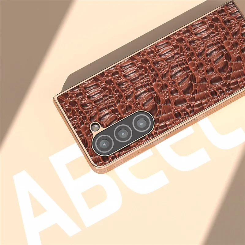 For Samsung Galaxy Z Fold5 5G Phone Case Genuine Cow Leather + PC Canopy Texture Electroplating Cover - Coffee