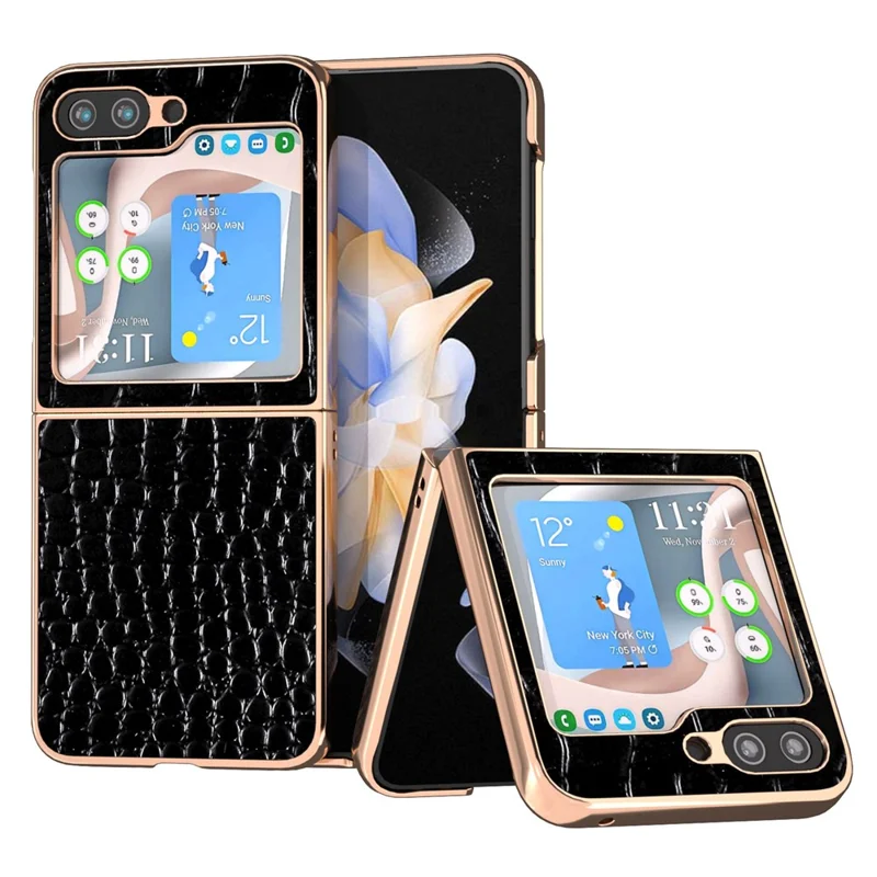 For Samsung Galaxy Z Flip5 5G Electroplating Phone Case Crocodile Texture Genuine Cow Leather Coated PC Cover - Black