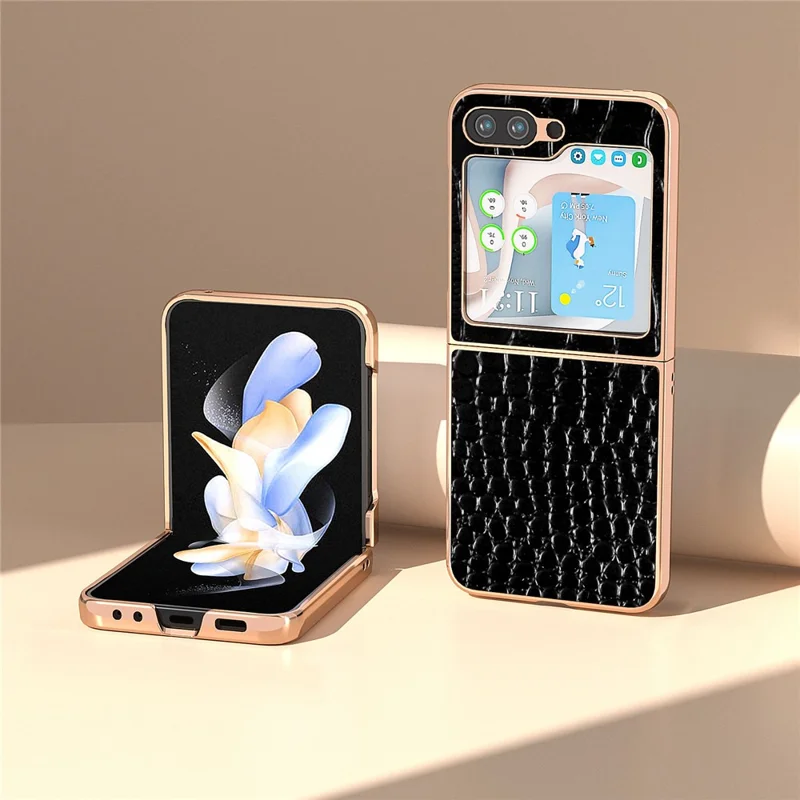For Samsung Galaxy Z Flip5 5G Electroplating Phone Case Crocodile Texture Genuine Cow Leather Coated PC Cover - Black