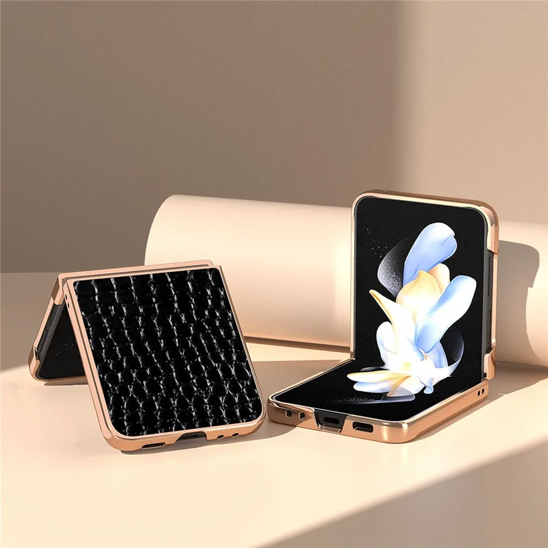 For Samsung Galaxy Z Flip5 5G Electroplating Phone Case Crocodile Texture Genuine Cow Leather Coated PC Cover - Black