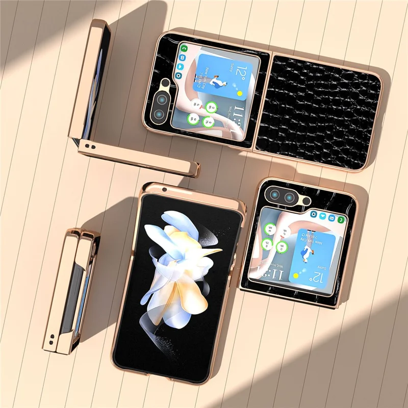 For Samsung Galaxy Z Flip5 5G Electroplating Phone Case Crocodile Texture Genuine Cow Leather Coated PC Cover - Black