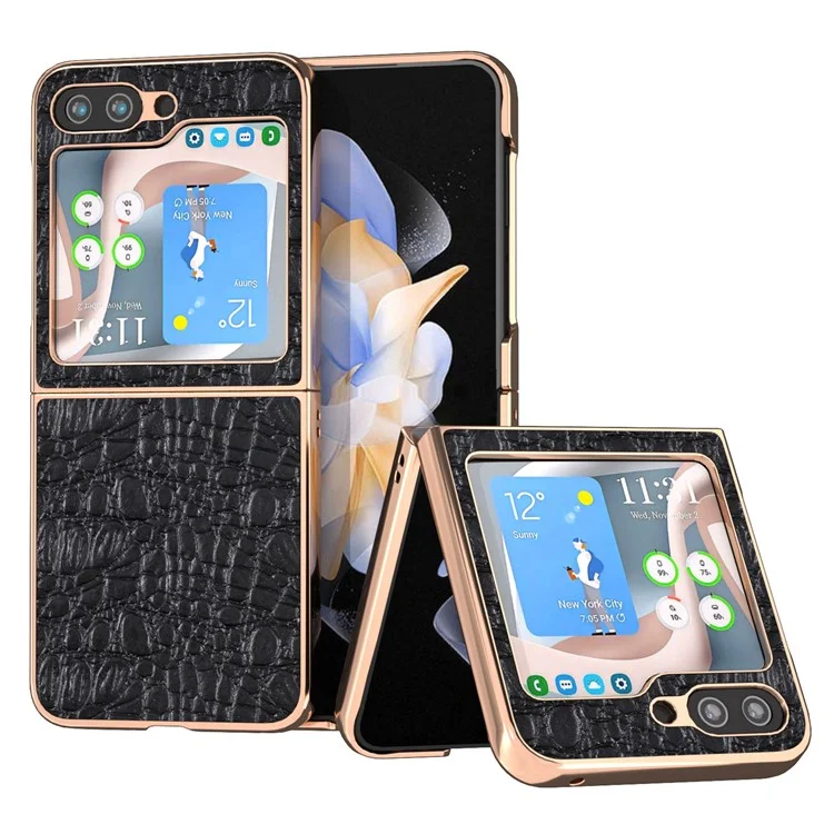 For Samsung Galaxy Z Flip5 5G Genuine Cow Leather Coated PC Case Canopy Texture Electroplating Phone Cover - Black