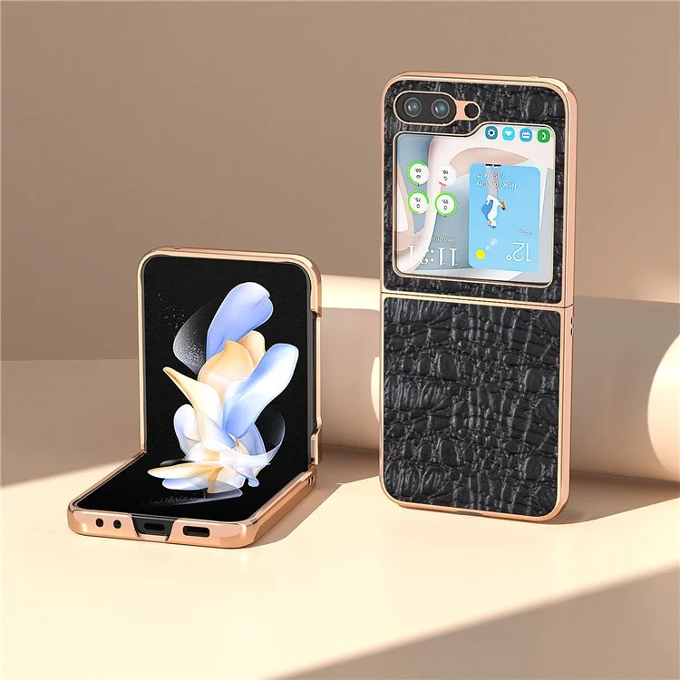 For Samsung Galaxy Z Flip5 5G Genuine Cow Leather Coated PC Case Canopy Texture Electroplating Phone Cover - Black