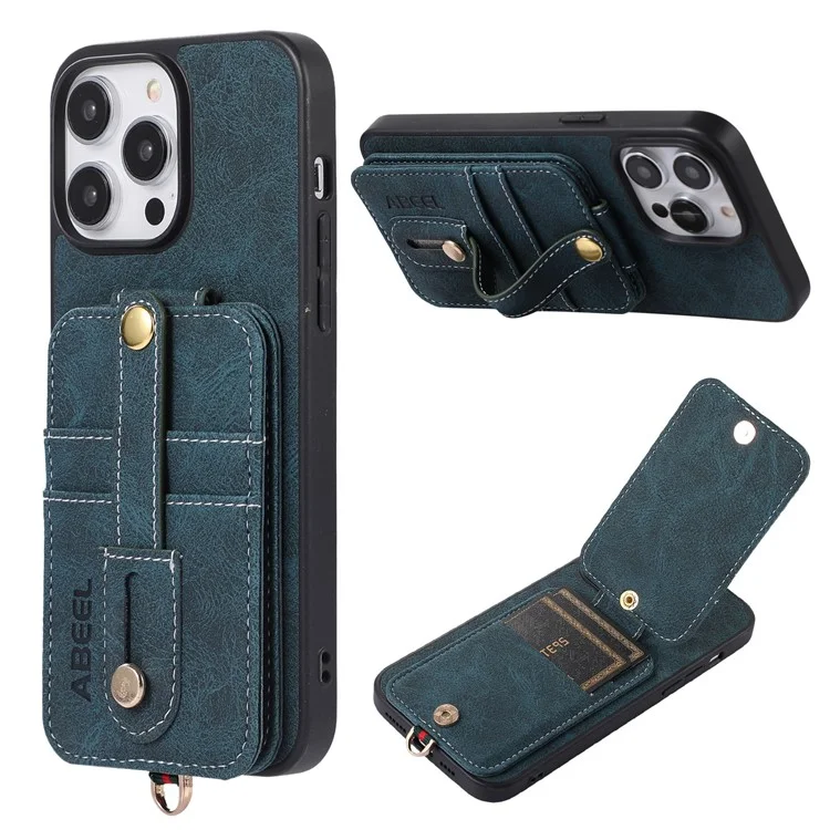 ABEEL Style 02 Kickstand Back Case für iPhone 15 Pro Max, Lederbesichert TPU+PC Kartenfächer Litchi Textur Handyhülle - Blau