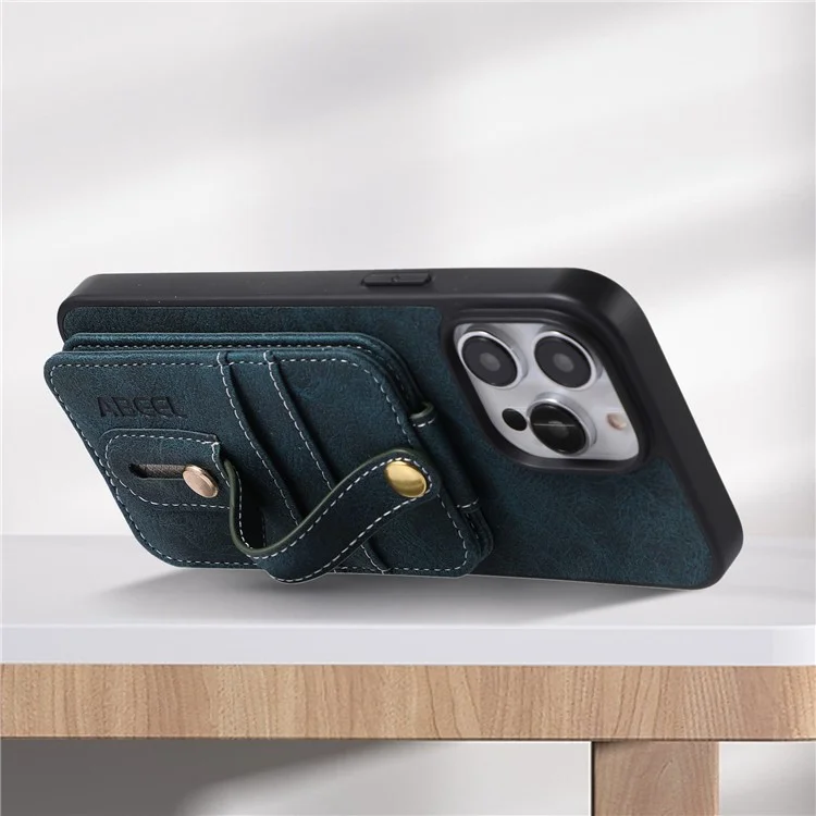 ABEEL Style 02 Kickstand Back Case für iPhone 15 Pro Max, Lederbesichert TPU+PC Kartenfächer Litchi Textur Handyhülle - Blau