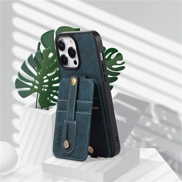 ABEEL Style 02 Kickstand Back Case für iPhone 15 Pro Max, Lederbesichert TPU+PC Kartenfächer Litchi Textur Handyhülle - Blau