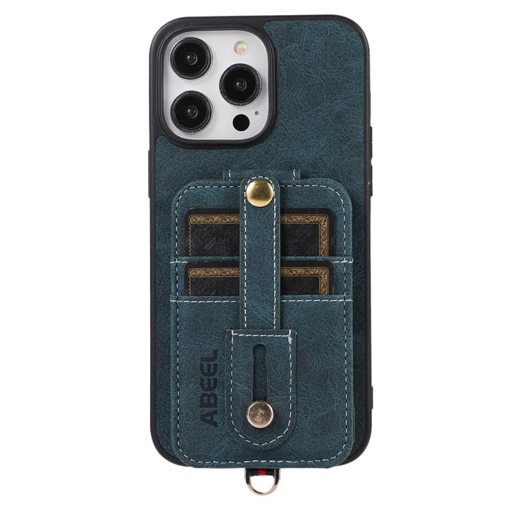 ABEEL Style 02 Kickstand Back Case für iPhone 15 Pro Max, Lederbesichert TPU+PC Kartenfächer Litchi Textur Handyhülle - Blau