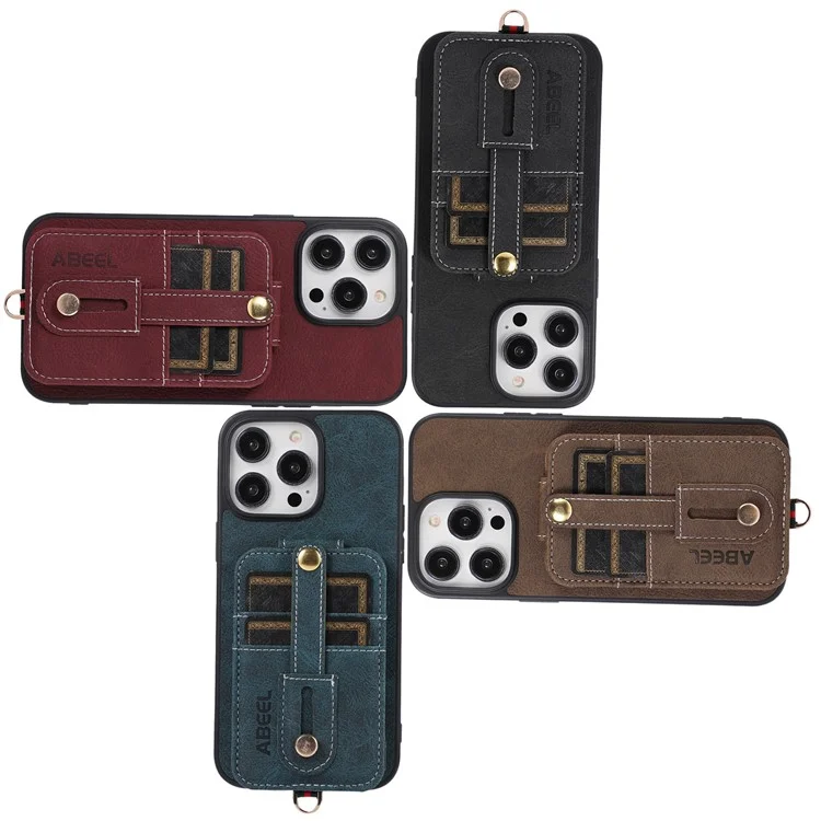 ABEEL Style 02 Kickstand Back Case für iPhone 15 Pro Max, Lederbesichert TPU+PC Kartenfächer Litchi Textur Handyhülle - Blau