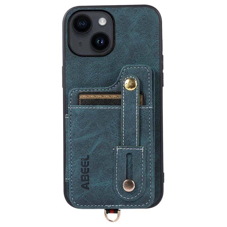 ABEEL Style 01 For iPhone 14 Plus Litchi Texture PU Leather Coated TPU+PC Phone Cover Card Holder Kickstand Case - Blue