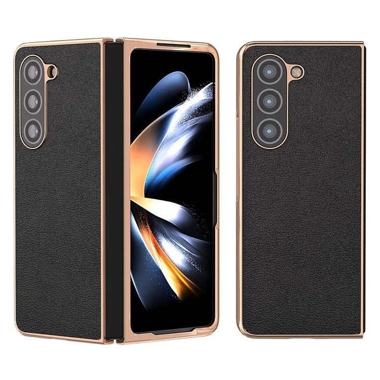 Para Samsung Galaxy Z Fold5 5G Electroplating Litchi Texture Case Genuine Cow Leather + PC Phone Cover - Negro
