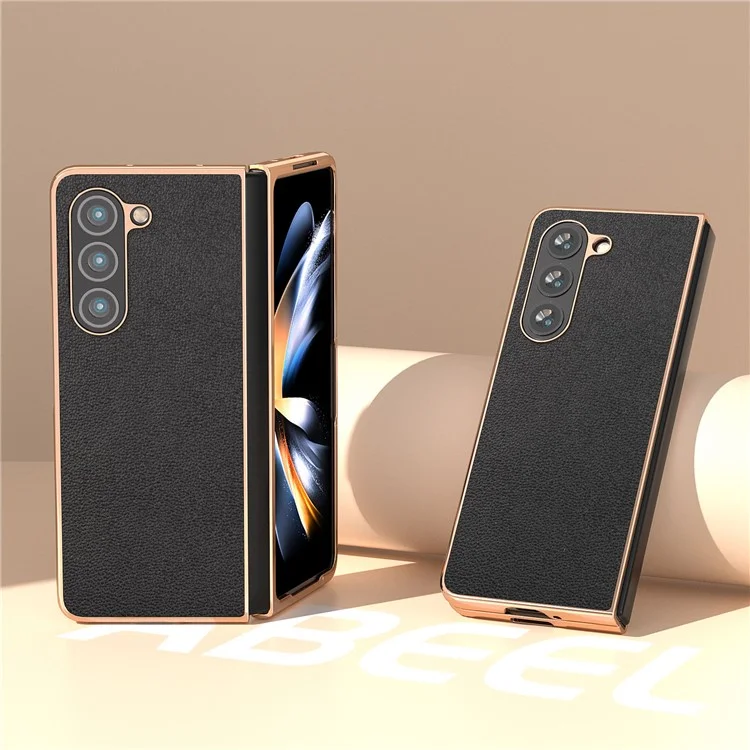 Para Samsung Galaxy Z Fold5 5G Electroplating Litchi Texture Case Genuine Cow Leather + PC Phone Cover - Negro