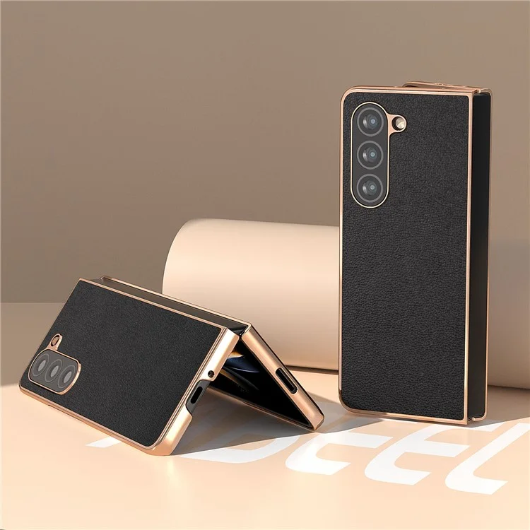 Para Samsung Galaxy Z Fold5 5G Electroplating Litchi Texture Case Genuine Cow Leather + PC Phone Cover - Negro