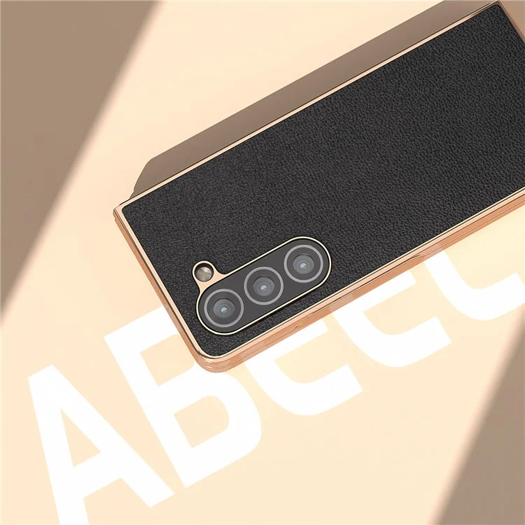 Para Samsung Galaxy Z Fold5 5G Electroplating Litchi Texture Case Genuine Cow Leather + PC Phone Cover - Negro