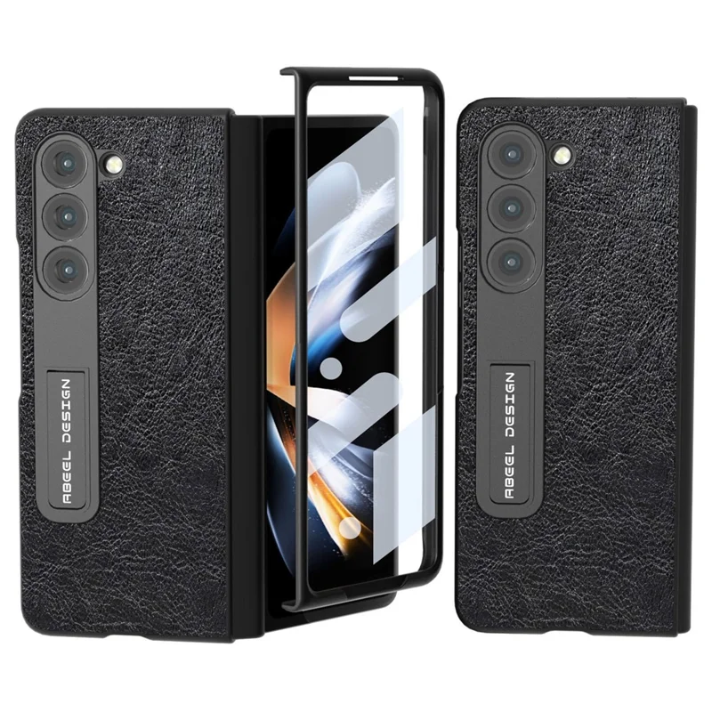 ABEEL For Samsung Galaxy Z Fold5 5G Retro Litchi Texture Protective Cover PU Leather+PC Kickstand Phone Case with Screen Protector - Black