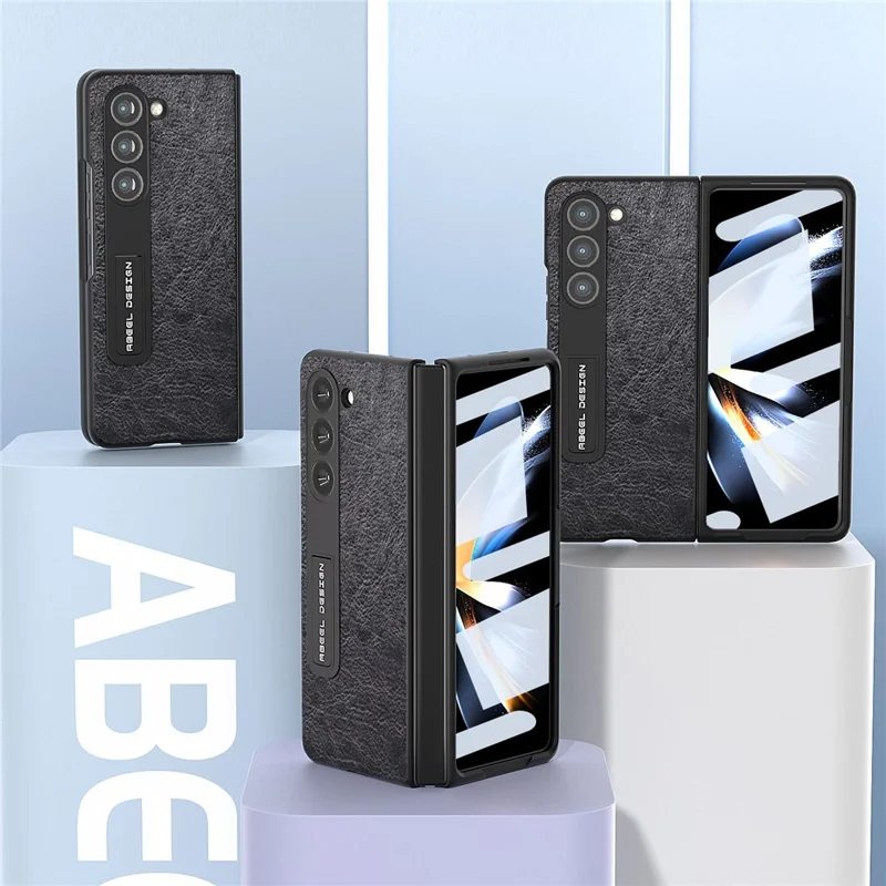 ABEEL For Samsung Galaxy Z Fold5 5G Retro Litchi Texture Protective Cover PU Leather+PC Kickstand Phone Case with Screen Protector - Black
