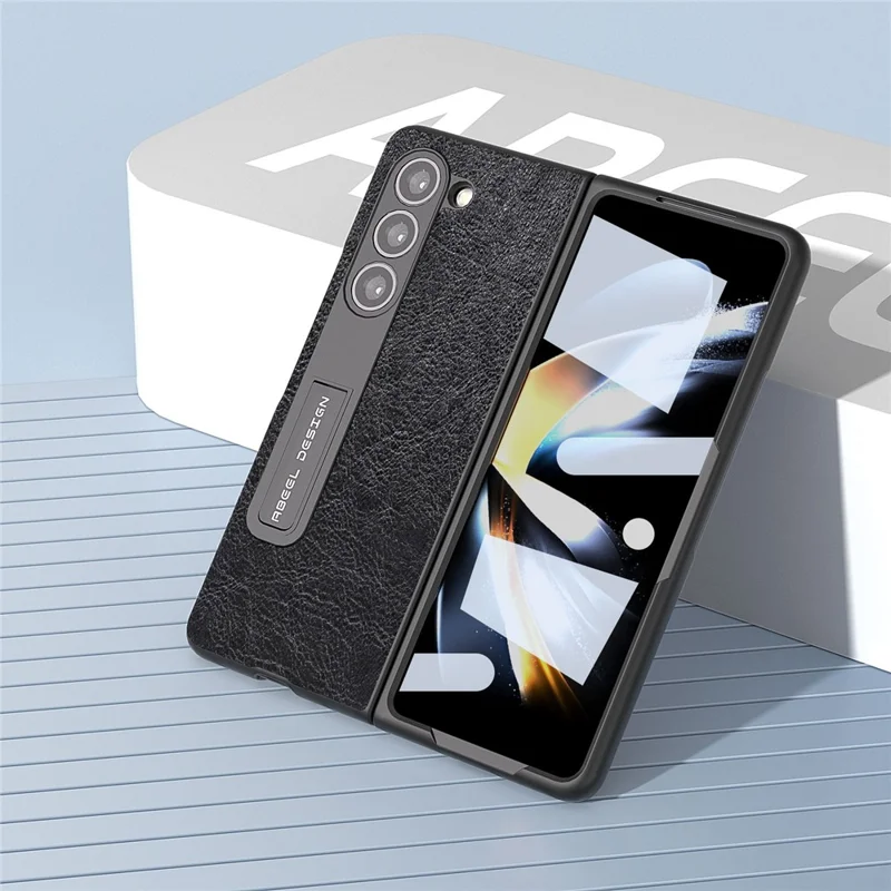 ABEEL For Samsung Galaxy Z Fold5 5G Retro Litchi Texture Protective Cover PU Leather+PC Kickstand Phone Case with Screen Protector - Black