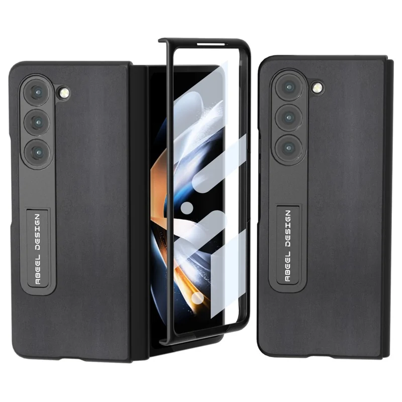 ABEEL For Samsung Galaxy Z Fold5 5G Kickstand Back Cover Nappa Texture Genuine Cow Leather+PC Phone Case with Front Screen Film - Schwarz