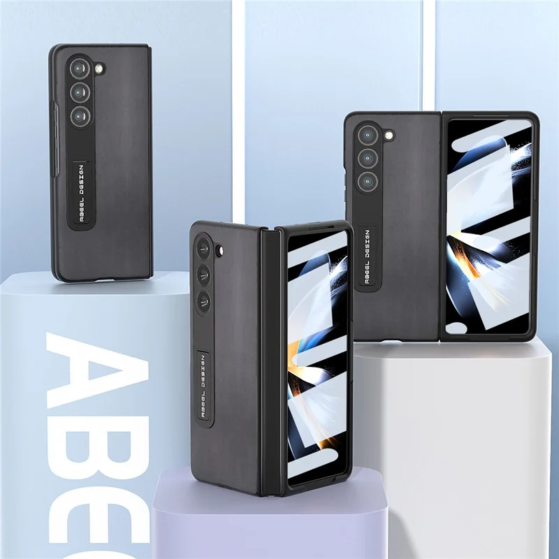 ABEEL For Samsung Galaxy Z Fold5 5G Kickstand Back Cover Nappa Texture Genuine Cow Leather+PC Phone Case with Front Screen Film - Schwarz