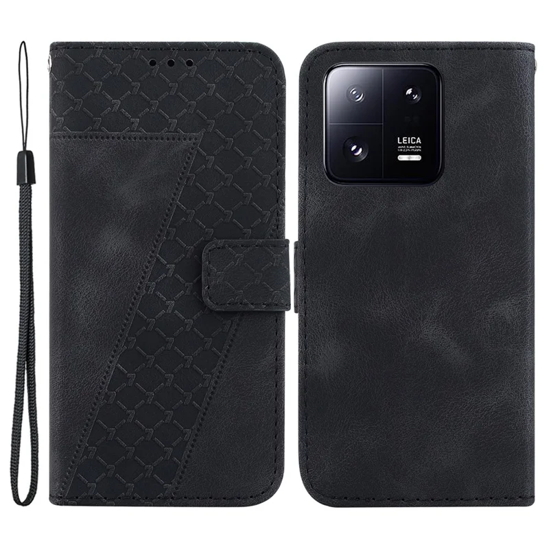 PU Leather Phone Case for Xiaomi 13 Pro 5G 7-Shape Imprinted Wallet Stand Cover - Black