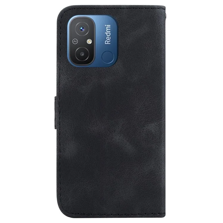 Für Xiaomi Redmi 12C 4G Stoßfeste Handyhülle - 7-Formen-Prägung PU-Leder Brieftasche Ständer Hülle - Schwarz