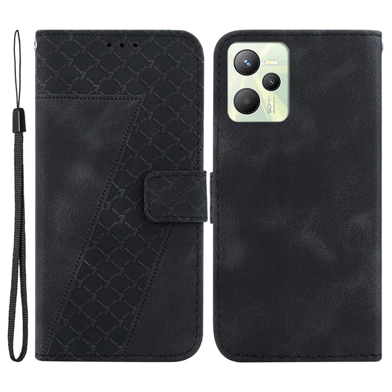 Anti-drop Phone Cover für Realme C35 4G 7-Shape geprägte Leder-Wallet-Hülle mit Ständer - Schwarz