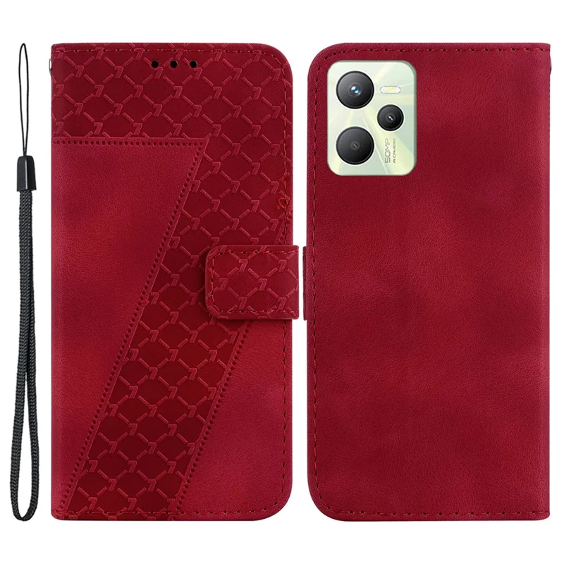 Anti-drop Phone Cover for Realme C35 4G 7-Shape Imprinted Leather Wallet Case with Stand - Red