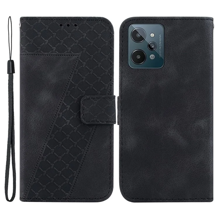 For Realme C31 Magnetic Flip Phone Cover PU Leather+TPU Shell Stand Imprinted Wallet Case - Black