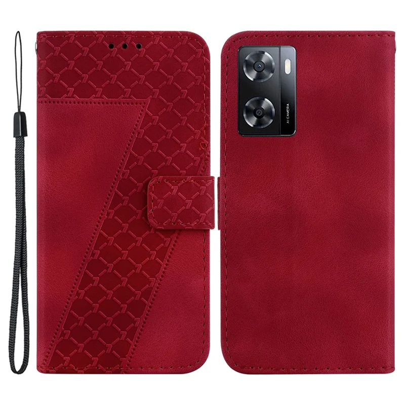 Leather Wallet Case for Oppo A57 (2022) 5G / A57s 4G / A57 4G / A77 4G / A77 5G / A77s 4G / K10 5G / A57e 4G / Realme Q5i / V23 5G / Narzo 50 5G , 7-Shape Imprinted Stand Phone Cover - Red