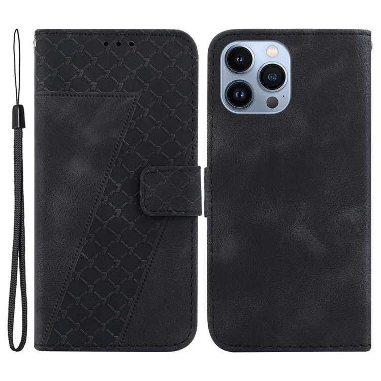 Slim-Fit Cover for iPhone 13 Pro Max , Stand Imprinted Pattern Wallet PU Leather Shockproof Phone Case - Black