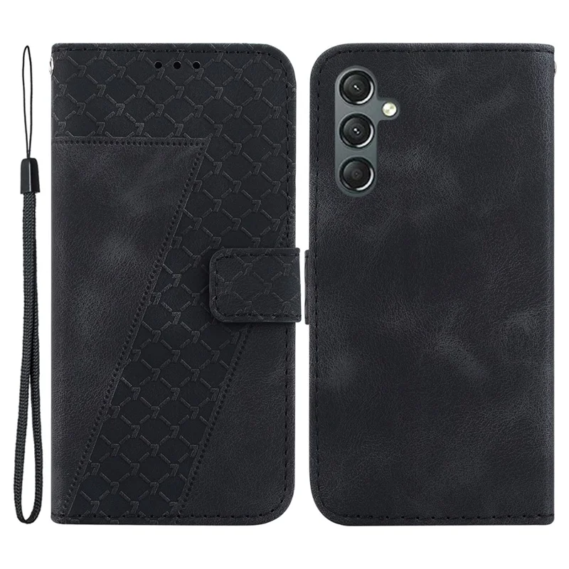 For Samsung Galaxy A24 4G (162.1 x 77.6 x 8.3mm) 7-Shape Imprinted Cell Phone Case Anti-scratch Wallet Stand Leather Cover - Black