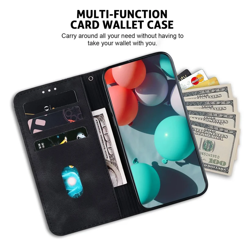 For Samsung Galaxy A24 4G (162.1 x 77.6 x 8.3mm) 7-Shape Imprinted Cell Phone Case Anti-scratch Wallet Stand Leather Cover - Black