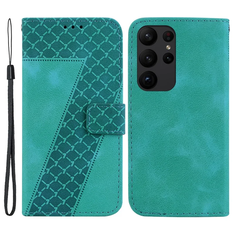 For Samsung Galaxy S23 Ultra PU Leather Drop-proof Phone Case 7-Shape Imprinted Wallet Stand Cover - Green
