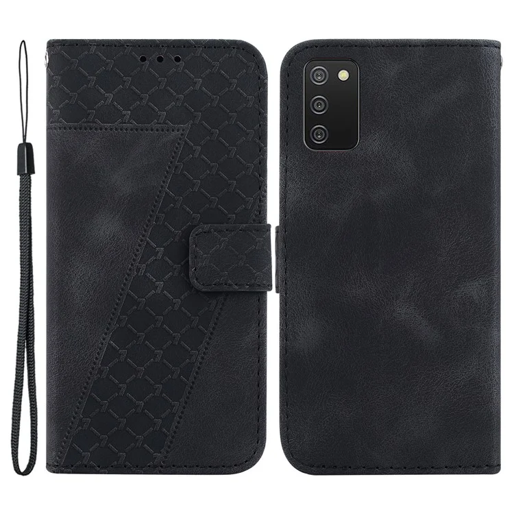 For Samsung Galaxy A03s (166.5 x 75.98 x 9.14mm) 7-Shape Imprinted PU Leather Phone Case Wallet Stand Cover - Black