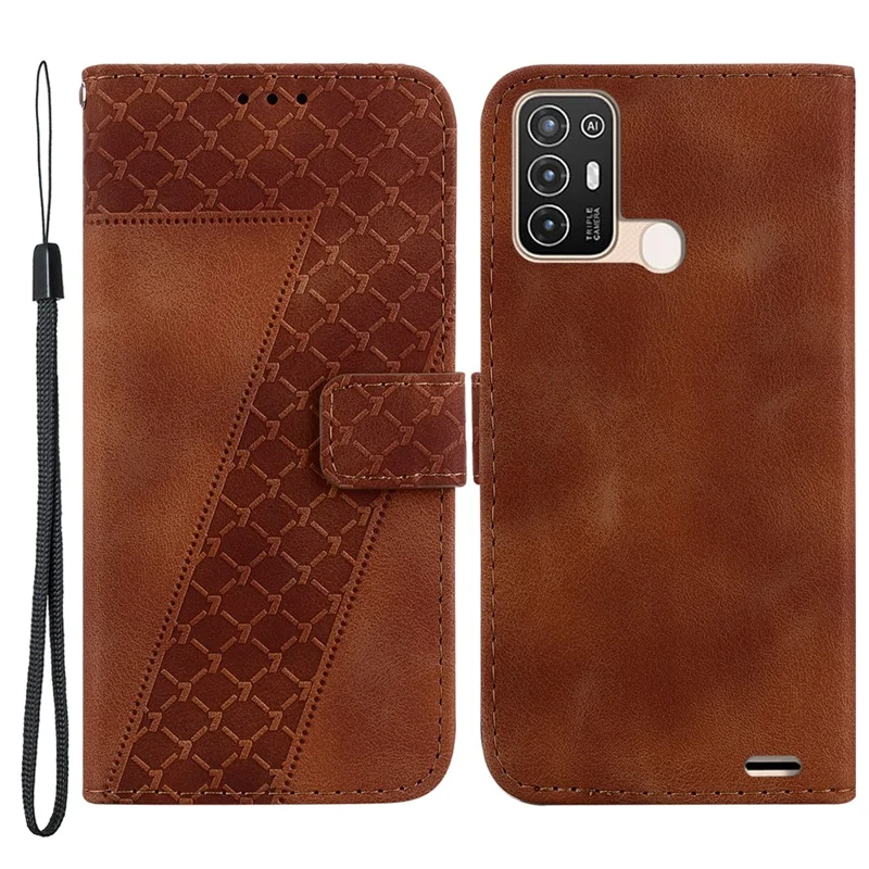 PU Leather Wallet Phone Cover for ZTE Blade A52 , 7-Shape Imprinted Stand Protective Case - Brown
