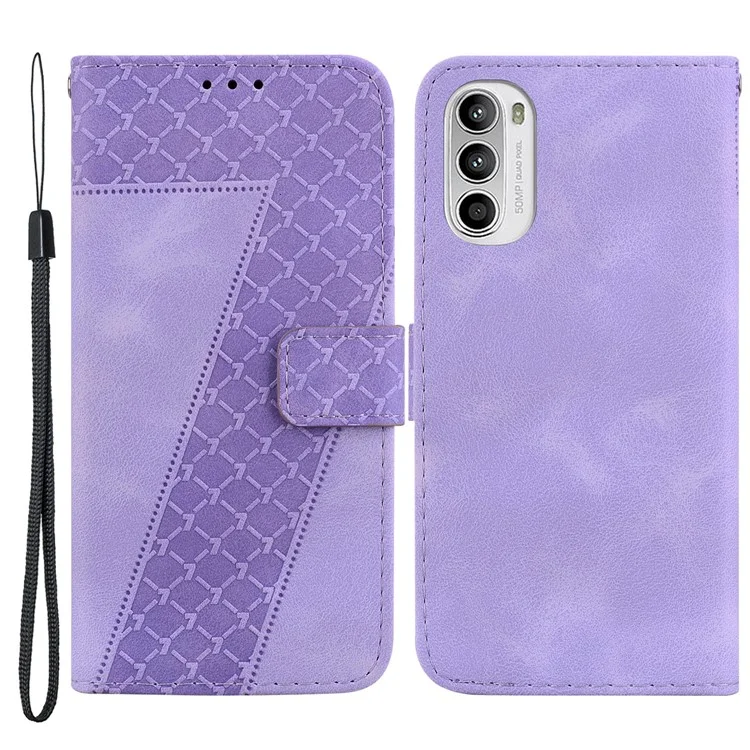 Pour Motorola Moto G62 5G 7-Shape Imprinted Phone Wallet Case PU Leather Folding Stand Cover - Purple