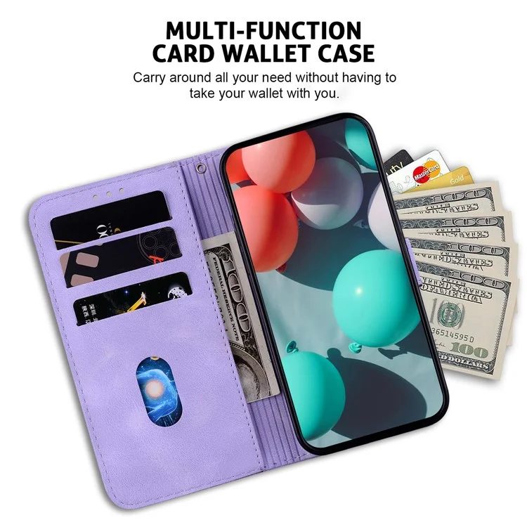 Pour Motorola Moto G62 5G 7-Shape Imprinted Phone Wallet Case PU Leather Folding Stand Cover - Purple