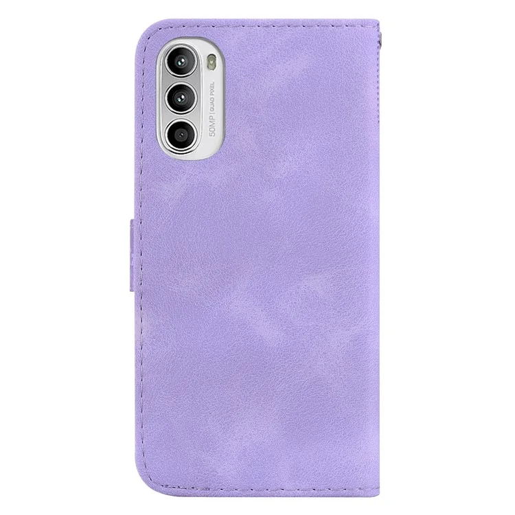 Pour Motorola Moto G62 5G 7-Shape Imprinted Phone Wallet Case PU Leather Folding Stand Cover - Purple