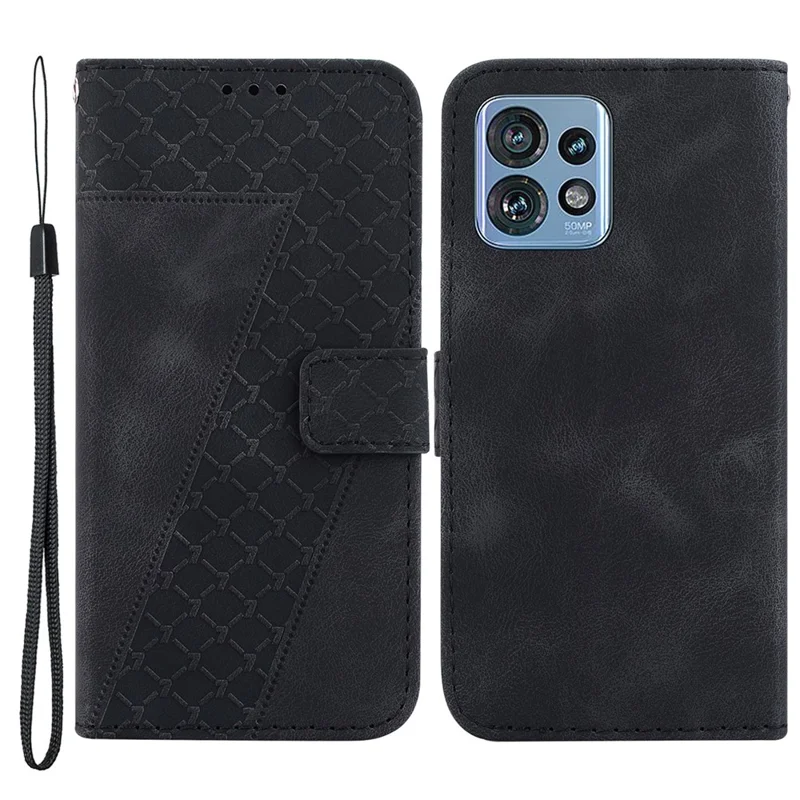 For Motorola Moto X40 5G / Edge 40 Pro 5G / Edge+ (2023) 5G 7-Shape Imprinted Leather Phone Shell Folding Stand Wallet Case - Black