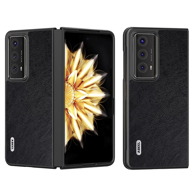 ABEEL Folding Phone Case for Honor Magic V2 5G , Litchi Texture PU Leather Coated PC Cover - Black