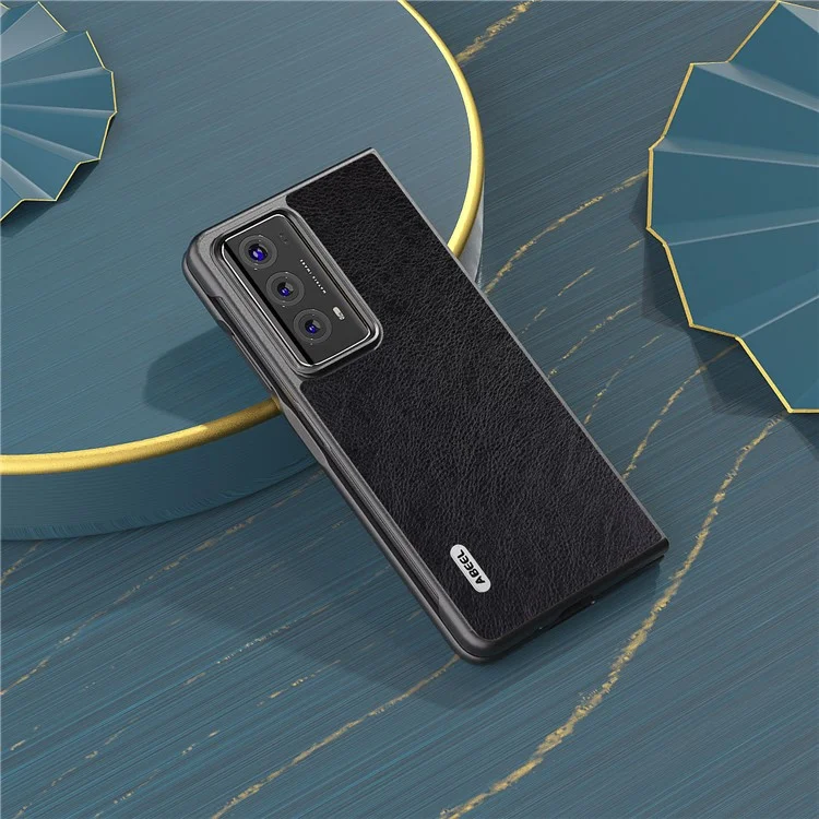 ABEEL Folding Phone Case for Honor Magic V2 5G , Litchi Texture PU Leather Coated PC Cover - Black