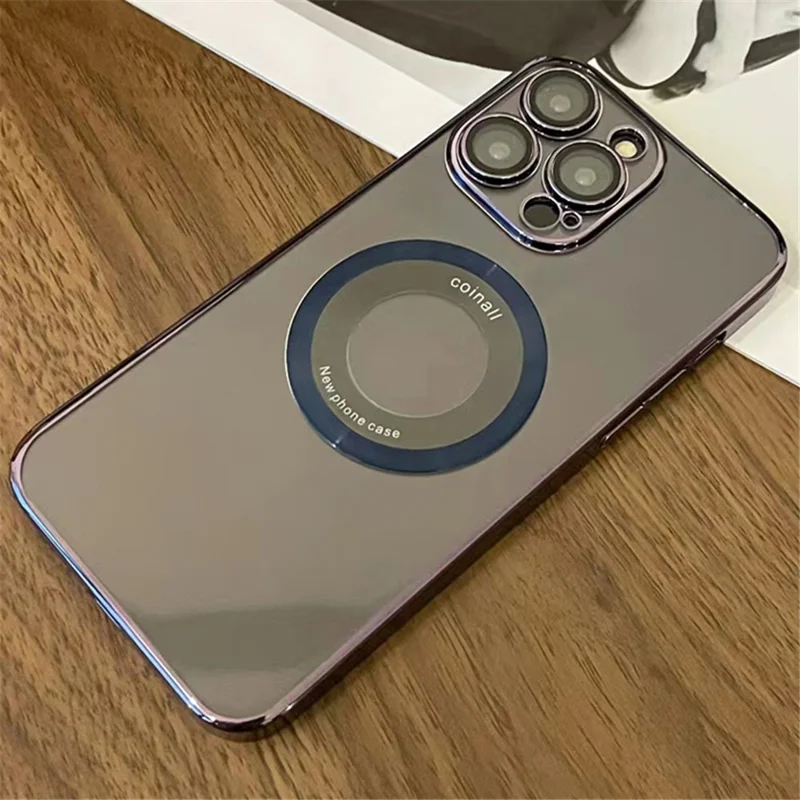 Pour iPhone 13 Pro Max Magnetic Logo View Phone Case PC+TPU Electroplating Clear Cover with Lens Film - Violet