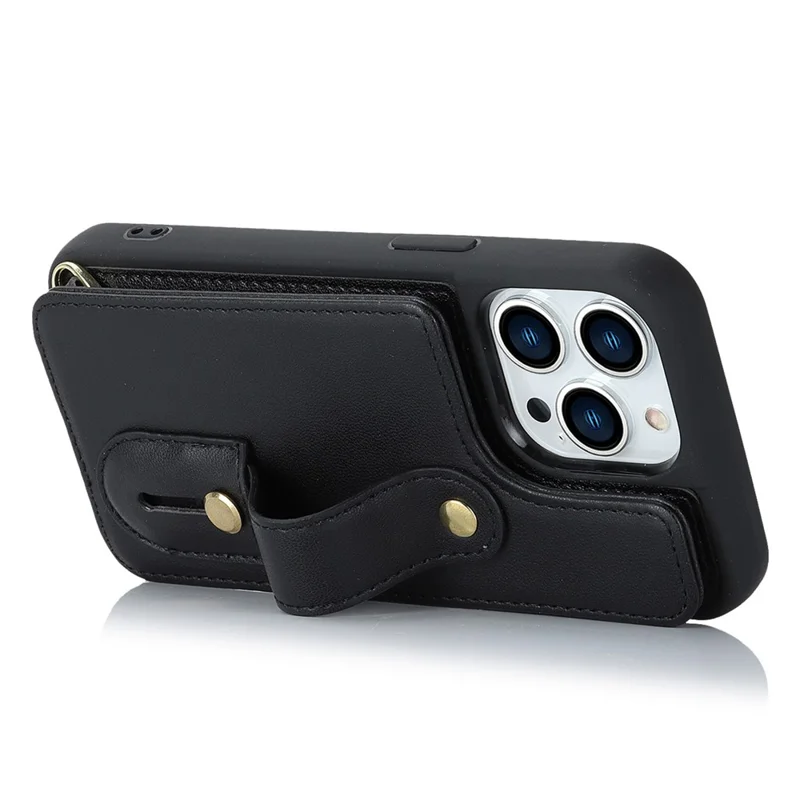 Für iPhone 15 Pro Max Kartenschlitze Kickstand-Hülle PU-Leder beschichtetes TPU-Handyhülle mit Schultergurt - Schwarz