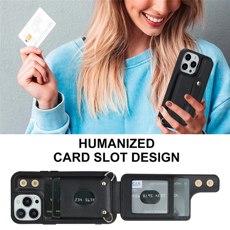 Für iPhone 15 Pro Max Kartenschlitze Kickstand-Hülle PU-Leder beschichtetes TPU-Handyhülle mit Schultergurt - Schwarz