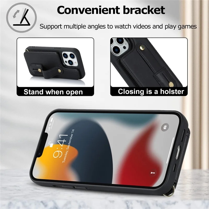 Für iPhone 15 Pro Max Kartenschlitze Kickstand-Hülle PU-Leder beschichtetes TPU-Handyhülle mit Schultergurt - Schwarz