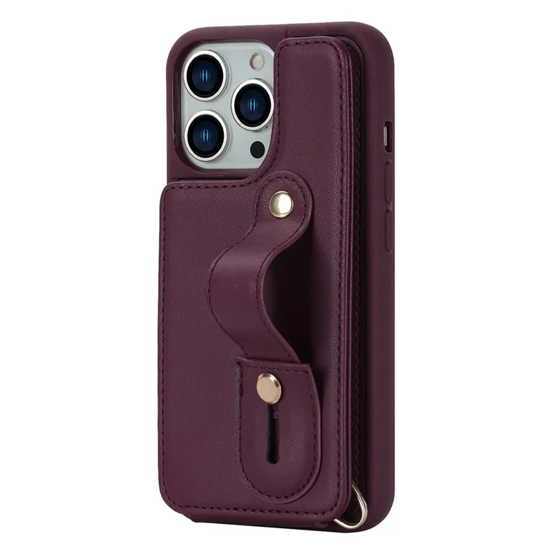 For iPhone 15 Pro Max Card Slots Kickstand Case PU Leather Coated TPU Phone Cover with Shoulder Strap - Wine Red
