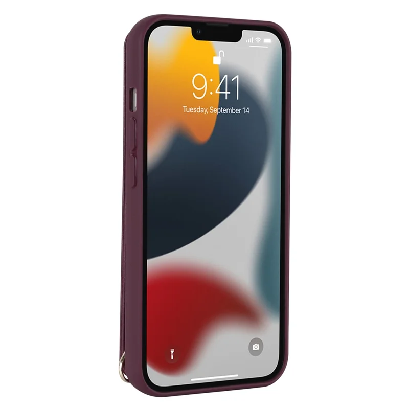 For iPhone 15 Pro Max Card Slots Kickstand Case PU Leather Coated TPU Phone Cover with Shoulder Strap - Wine Red