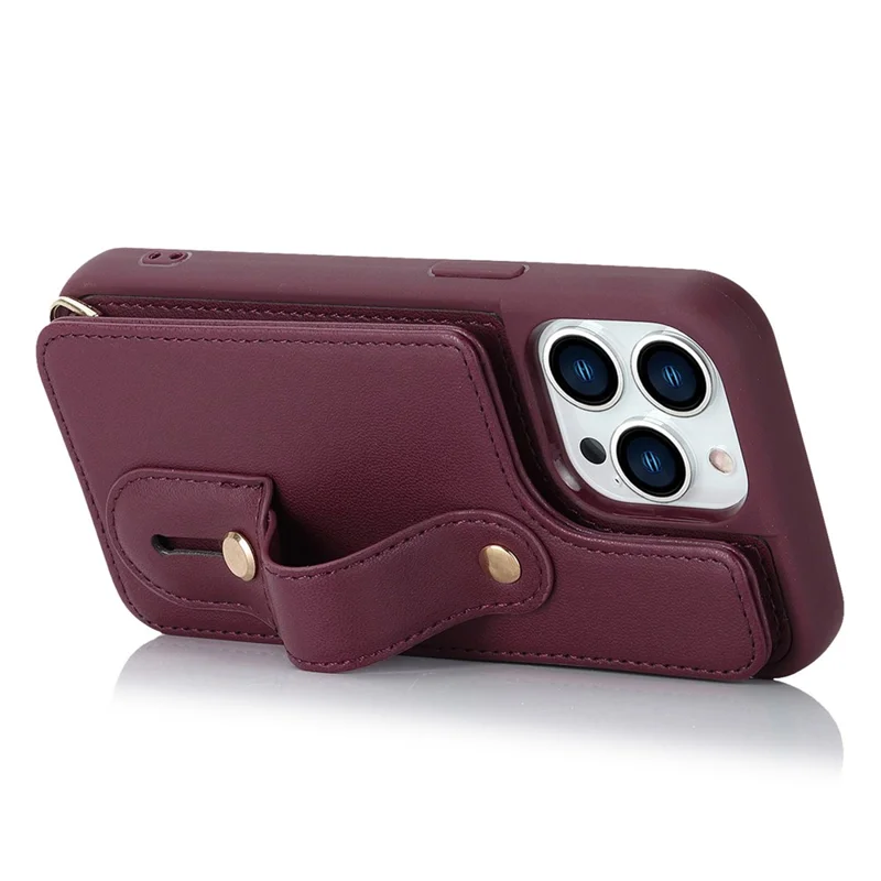 For iPhone 15 Pro Max Card Slots Kickstand Case PU Leather Coated TPU Phone Cover with Shoulder Strap - Wine Red